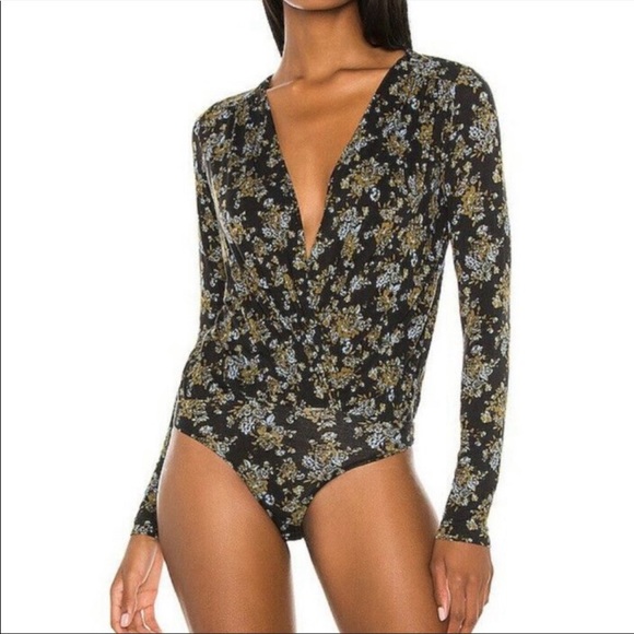 Free People Tops - Free People Printed Turnt Black Floral Long Sleeve Bodysuit in Night Combo